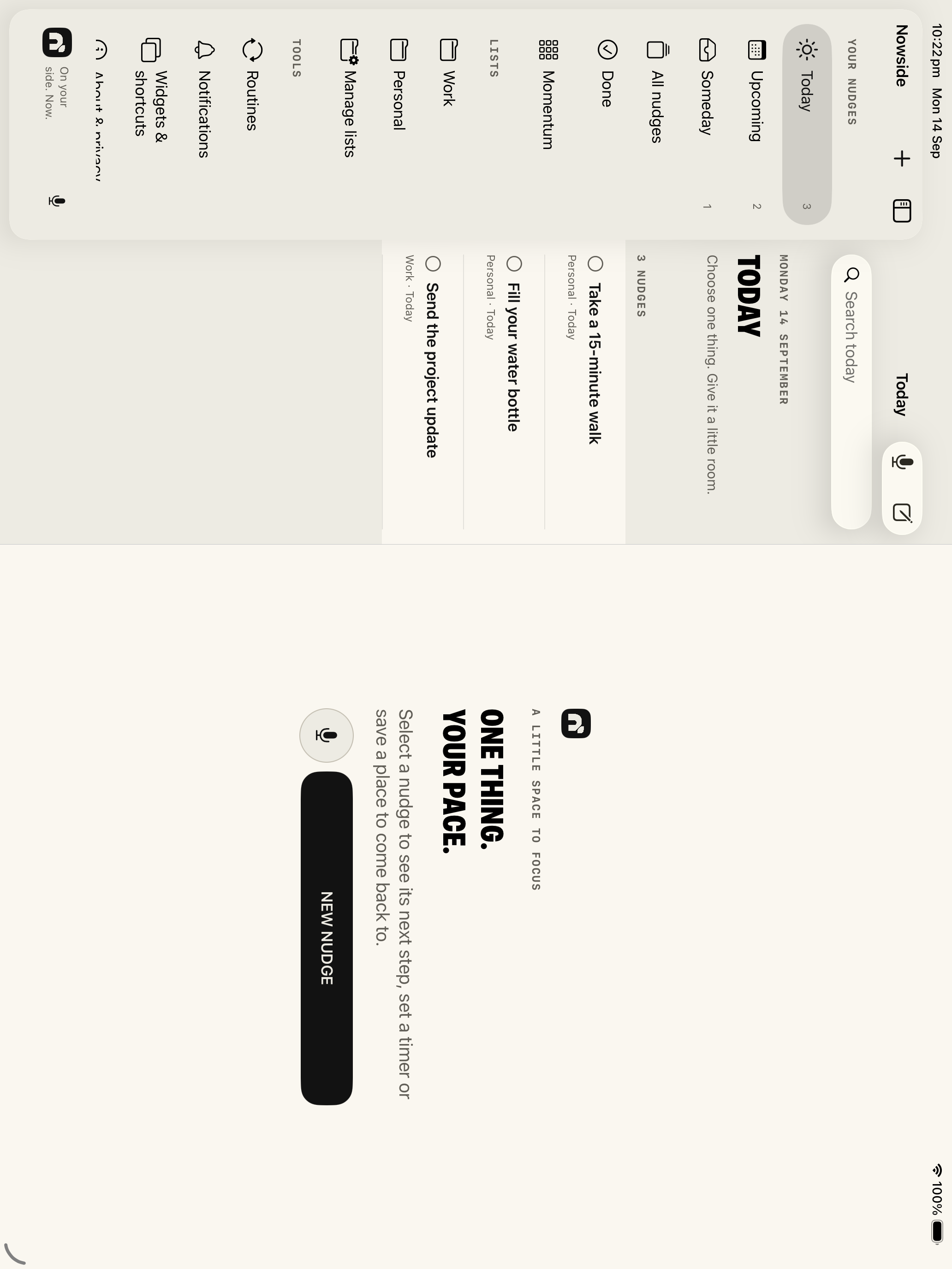 Nowside’s native iPad workspace with a sidebar, Today list and task workspace.