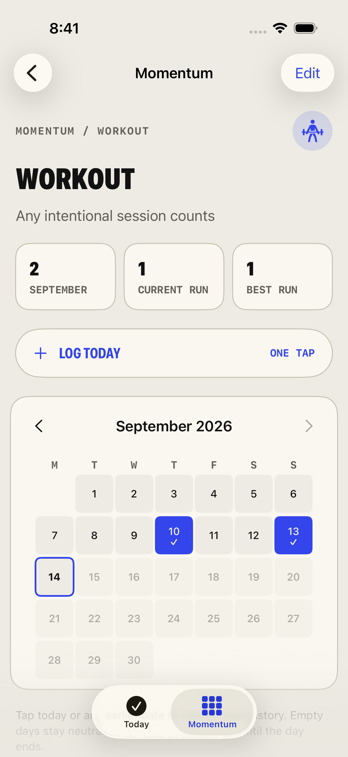 A genuine Nowside Momentum month view with completed days marked in blue.