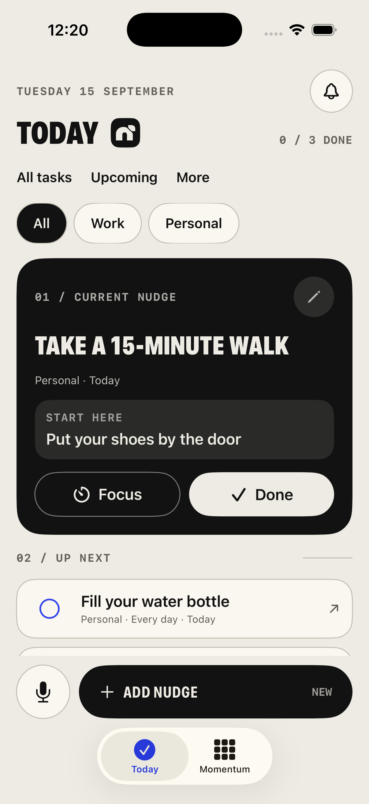 Nowside’s Today screen with a current task, first step, and controls for adding a nudge or capturing a thought.