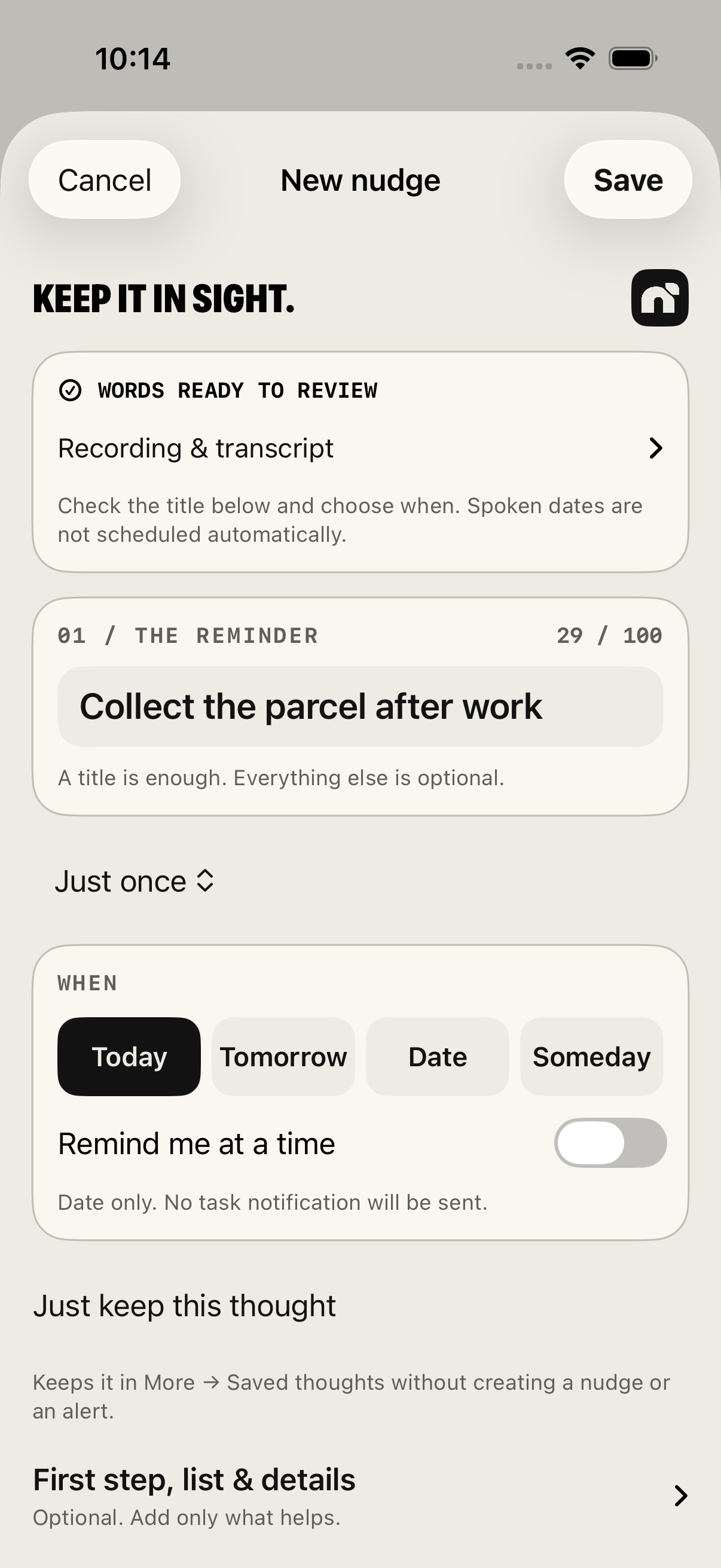 Nowside’s voice review: Collect the parcel after work, with editable text, date choices and an optional alert.